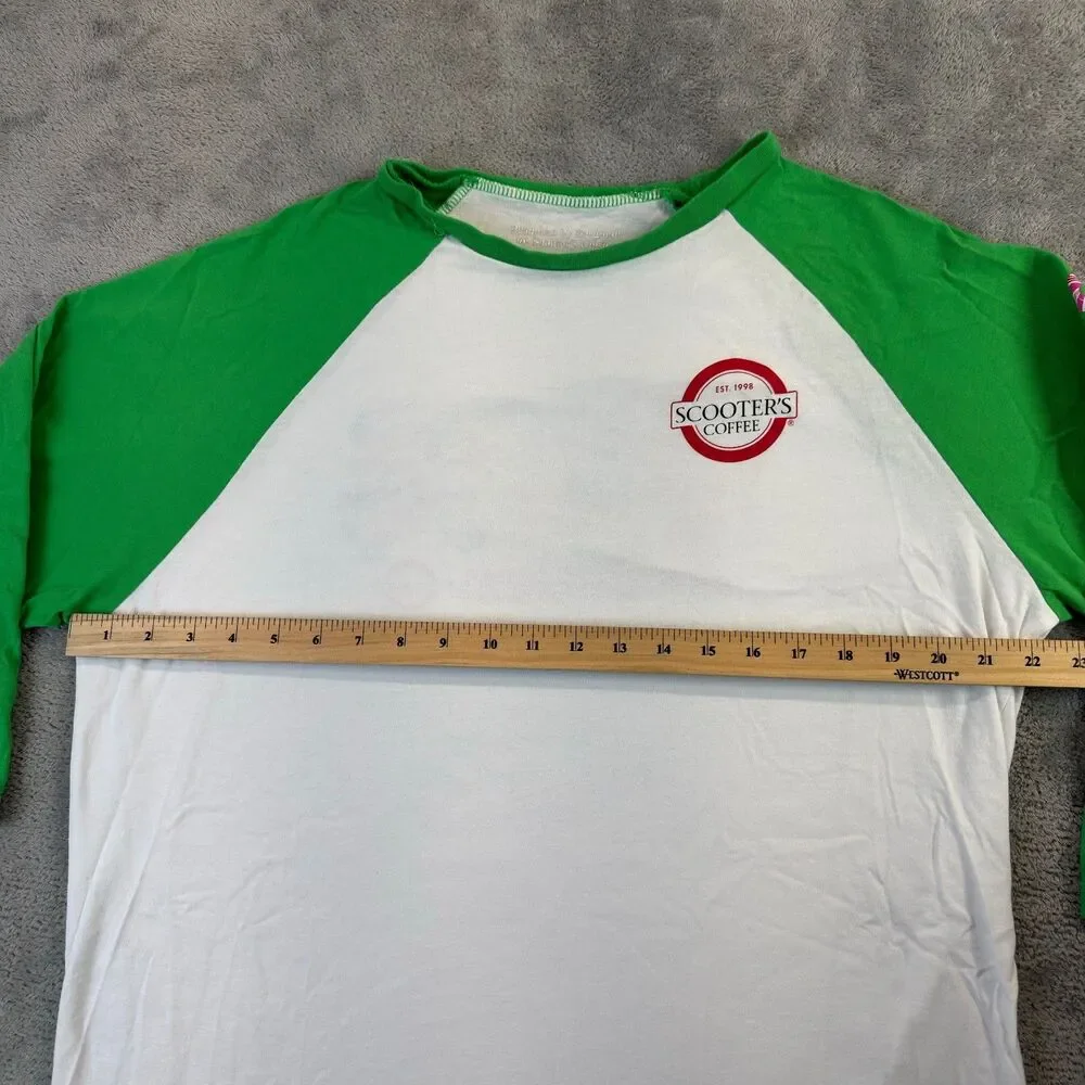 Scooters Coffee Shirt Unisex XL Green White 3/4 Raglan Baseball Candyland Promo